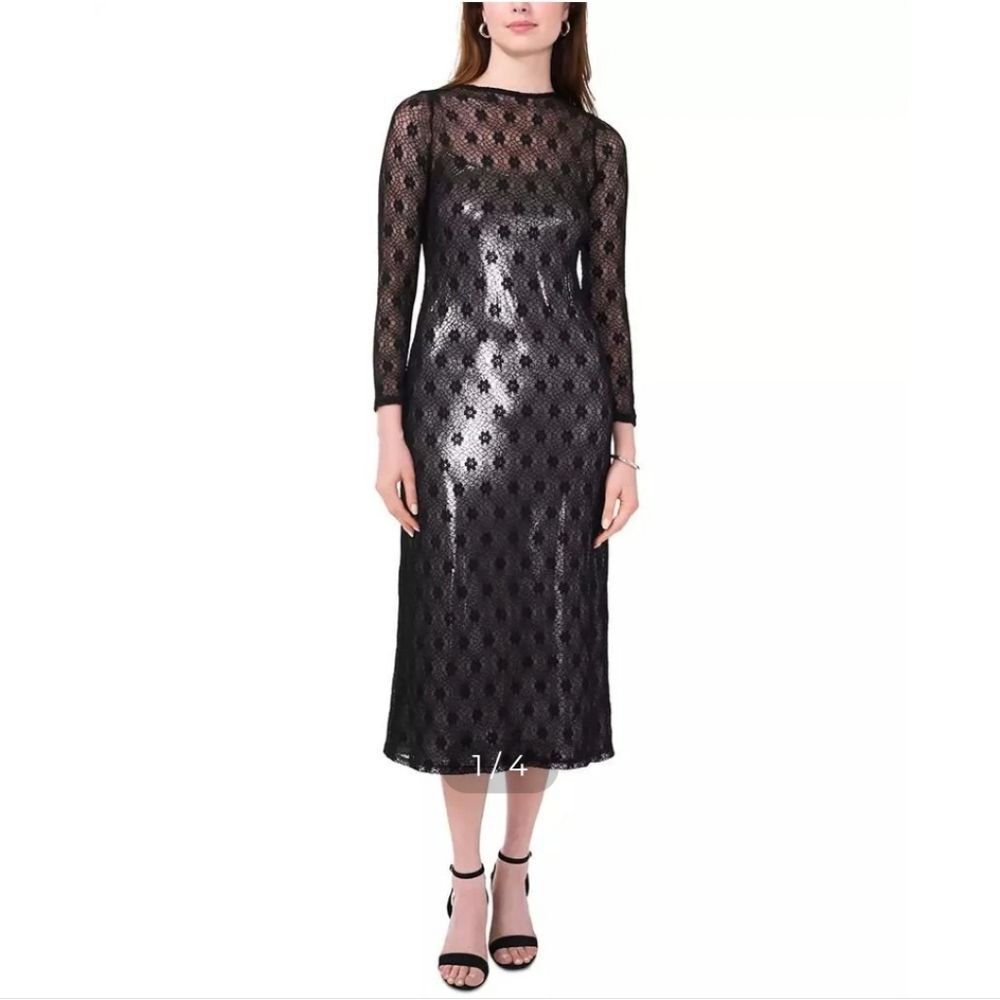 CeCeWomen's Lace-Over-Metallic Long-Sleeve Midi Dress